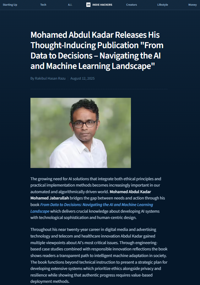 Article: Mohamed Abdul Kadar Releases His Thought-Inducing Publication From Data to Decisions – Navigating the AI and Machine Learning Landscape