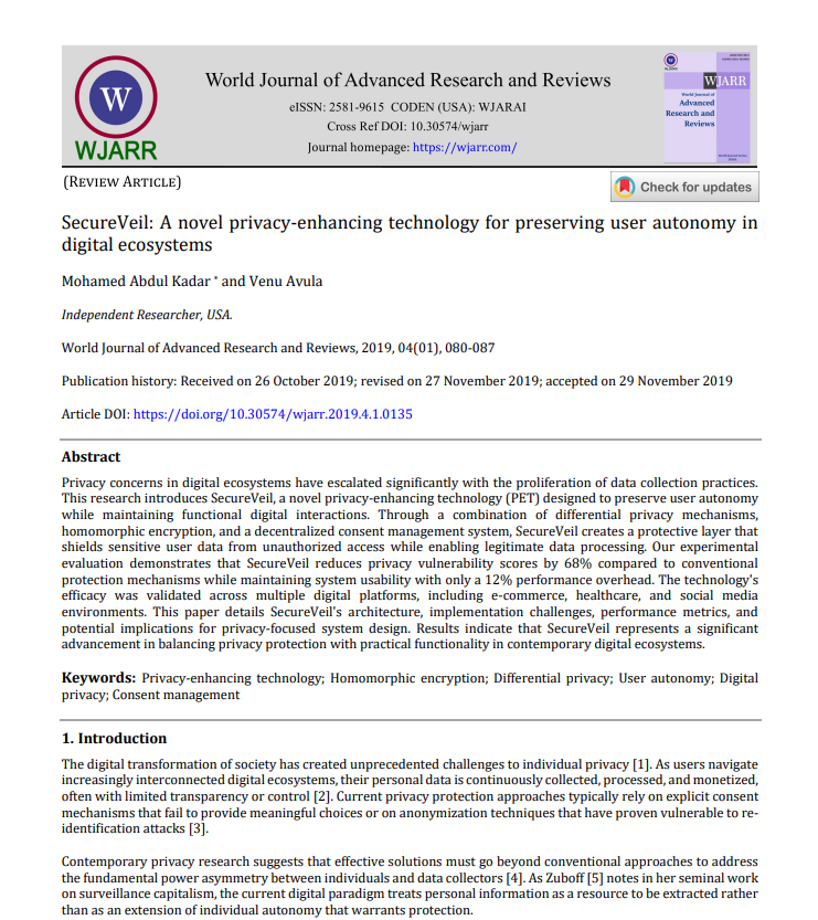 Article: SecureVeil: A Novel Privacy-Enhancing Technology for Preserving User Autonomy in Digital Ecosystems