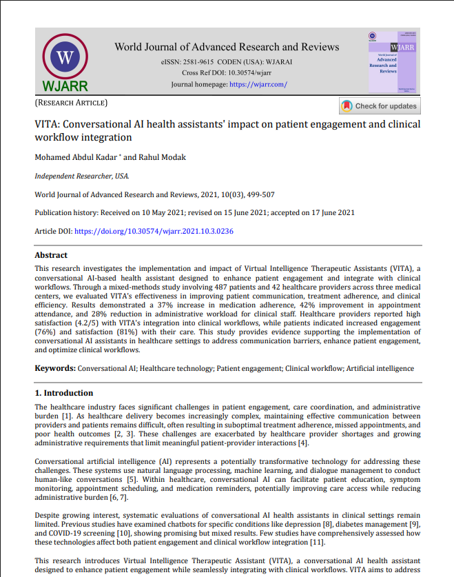 Article: VITA: Conversational AI Health Assistants' Impact on Patient Engagement and Clinical Workflow Integration
