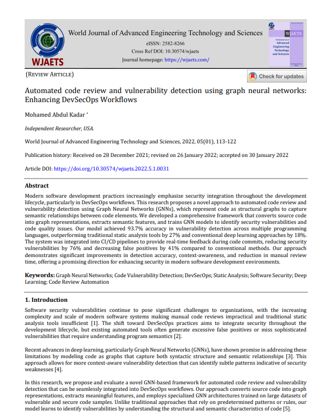 Article: Automated Code Review and Vulnerability Detection Using Graph Neural Networks: Enhancing DevSecOps Workflows