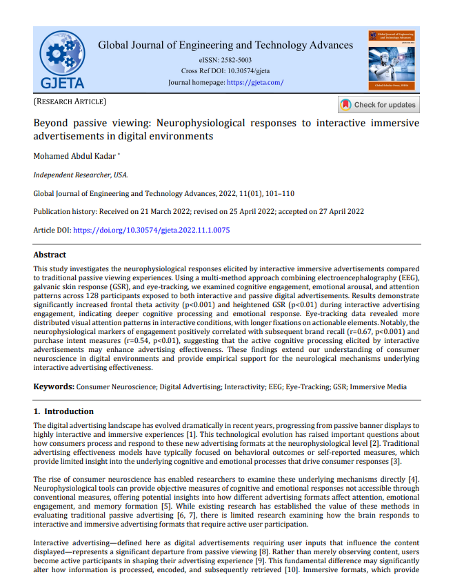 Article: Beyond Passive Viewing: Neurophysiological Responses to Interactive Immersive Advertisements in Digital Environments