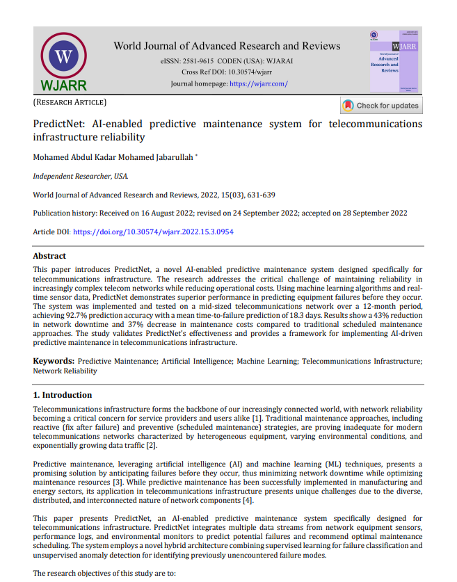 Article: PredictNet: AI-Enabled Predictive Maintenance System for Telecommunications Infrastructure Reliability