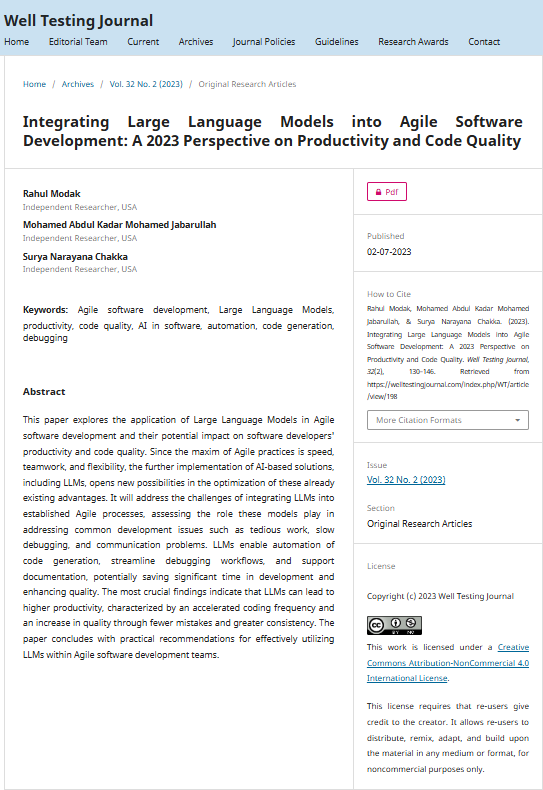 Article: Integrating Large Language Models into Agile Software Development: A 2023 Perspective on Productivity and Code Quality
