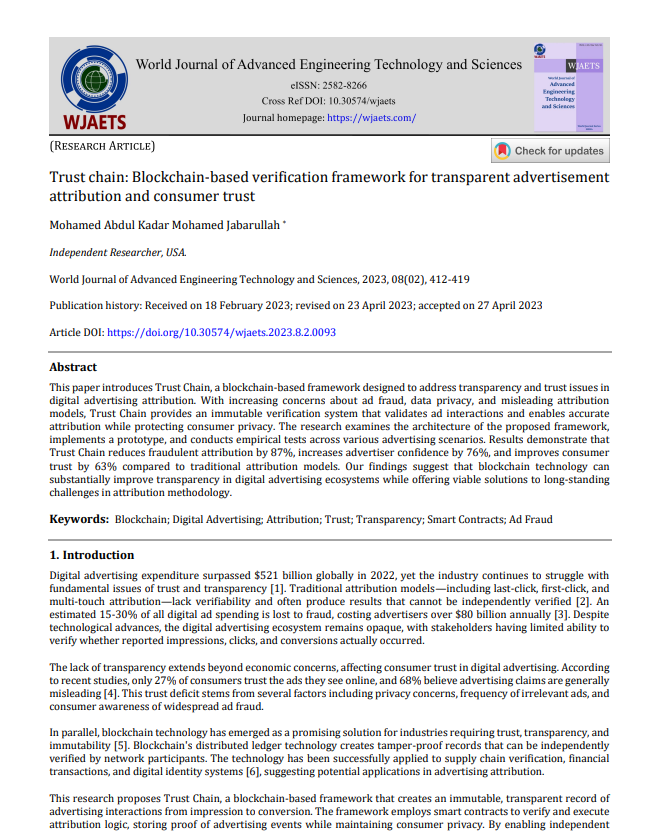 Article: TrustChain: Blockchain-Based Verification Framework for Transparent Advertisement Attribution and Consumer Trust